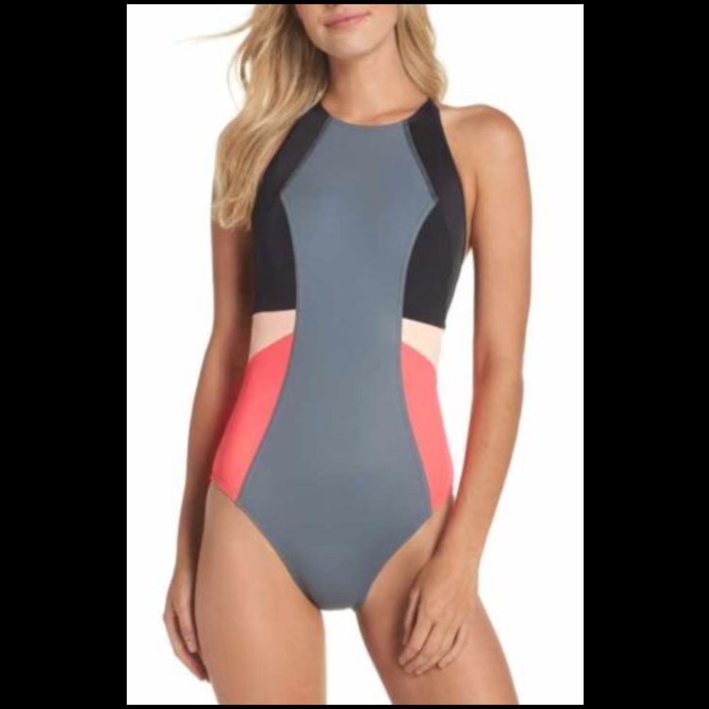 NEW Zella [ Large ] Halter‎ One Piece Swimsuit in Grey Pink Black